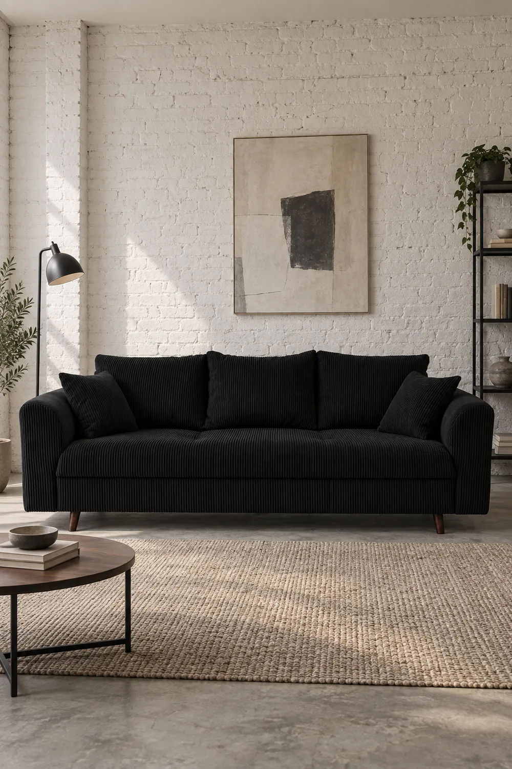 Vue d'ensemble du canapé Rune Maisons du Monde 3 places en velours, coloris noir, style vintage, dans un ancien atelier transformé en logement (mise en situation illustrée par IA)