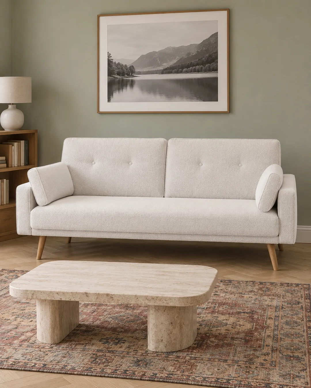 Plan rapproché du canapé Elga Maisons du Monde 3 places convertible en tissu, coloris bouclette blanc, style scandinave, dans un salon au mur vert sauge (mise en situation illustrée par IA)