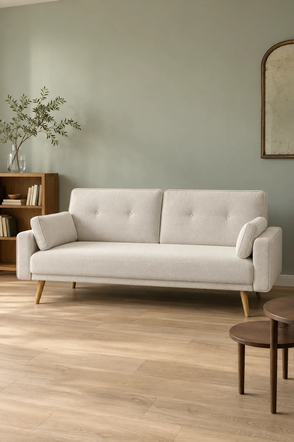Vue d'ensemble du canapé Elga Maisons du Monde 3 places convertible en tissu, coloris bouclette blanc, style scandinave, dans un salon au mur vert sauge (mise en situation illustrée par IA)