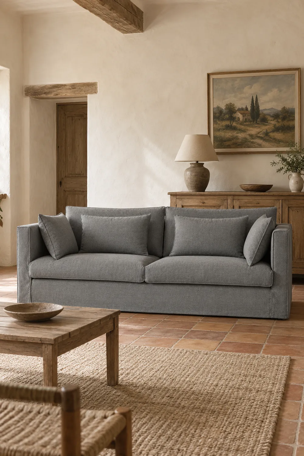 Vue d'ensemble du canapé Camille La Redoute 3 places en tissu, coloris anthracite, style campagne chic, dans une maison de campagne (mise en situation illustrée par IA)