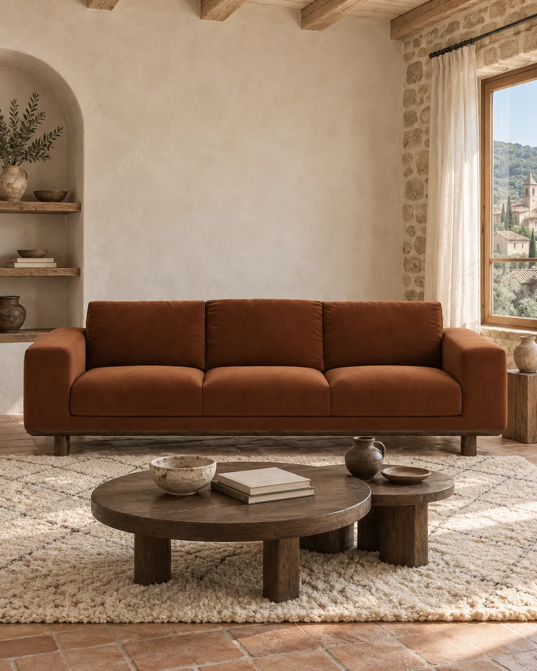 Plan rapproché du canapé Cerea La Redoute 3 places en velours, coloris caramel, style contemporain, dans un salon (mise en situation illustrée par IA)