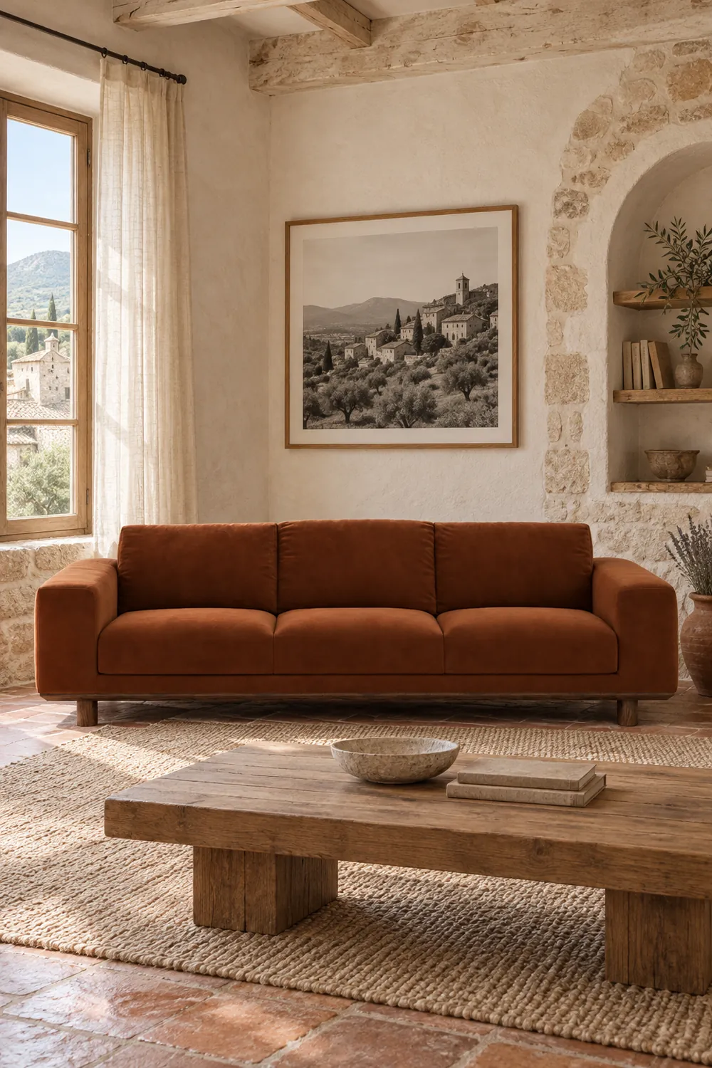 Vue d'ensemble du canapé Cerea La Redoute 3 places en velours, coloris caramel, style contemporain, dans un salon (mise en situation illustrée par IA)