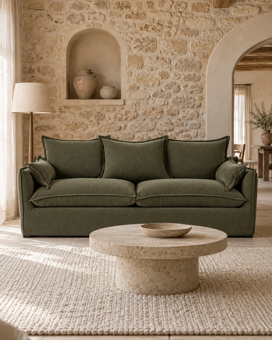 Plan rapproché du canapé Odna La Redoute 3 places en tissu, coloris vert mousse, style campagne chic, dans un salon (mise en situation illustrée par IA)
