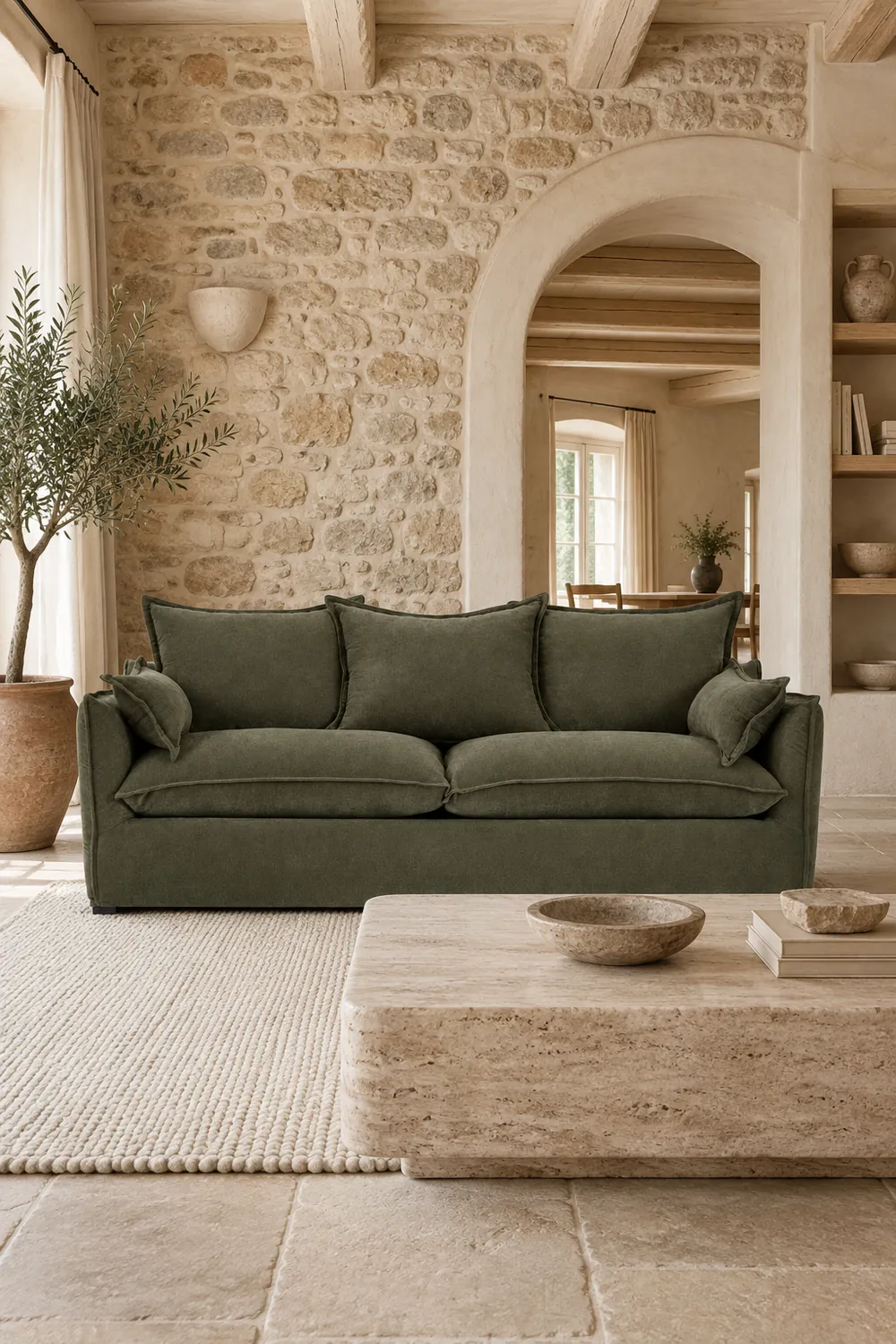 Mise en situation illustrée par IA à partir de la photo du coloris Vue d'ensemble du canapé Odna La Redoute 3 places en tissu, coloris vert mousse, style campagne chic, dans un salon (mise en situation illustrée par IA)