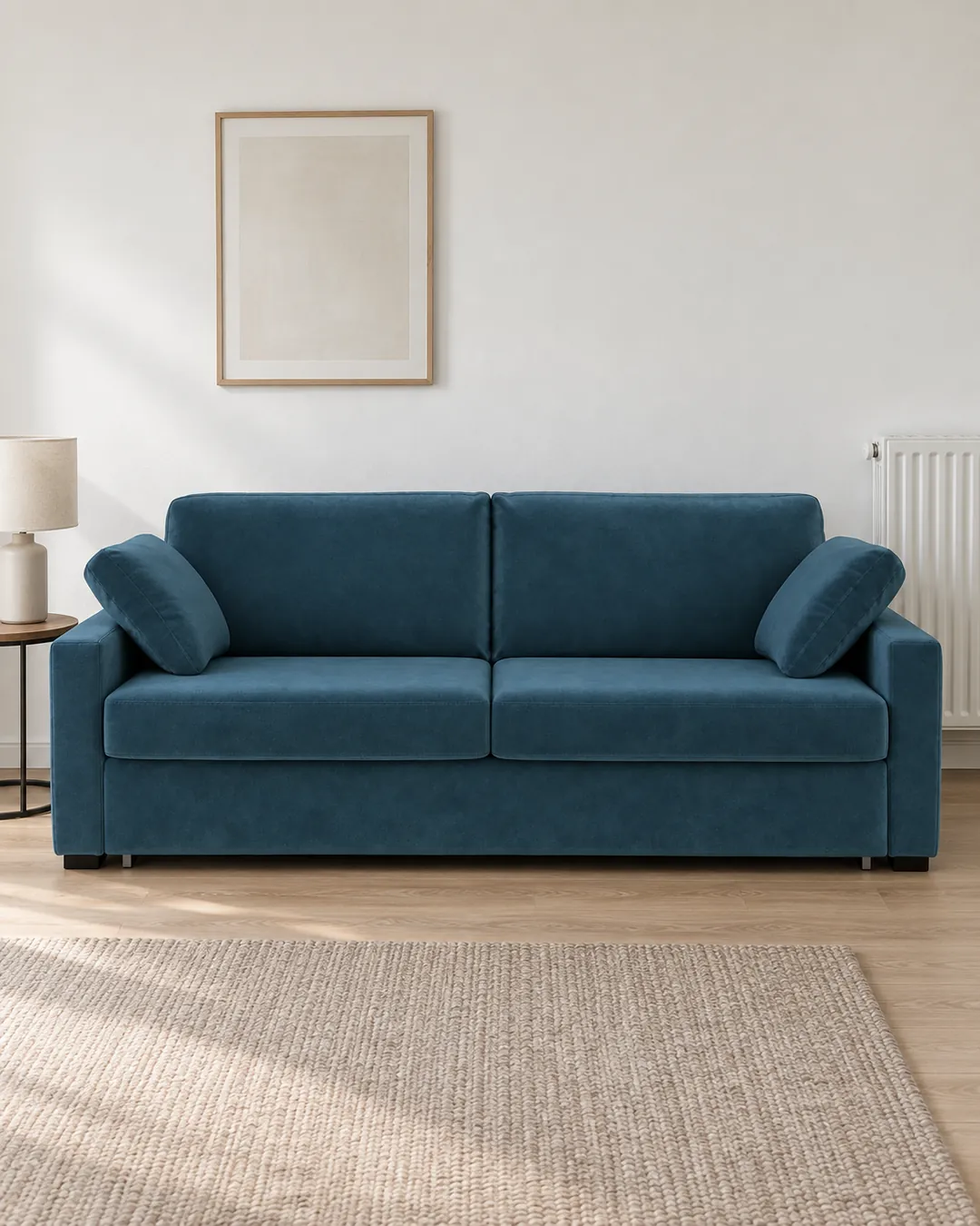 Plan rapproché du canapé Timor La Redoute 3 places convertible en velours, coloris bleu de prusse, style contemporain, dans un petit salon d'appartement (mise en situation illustrée par IA)