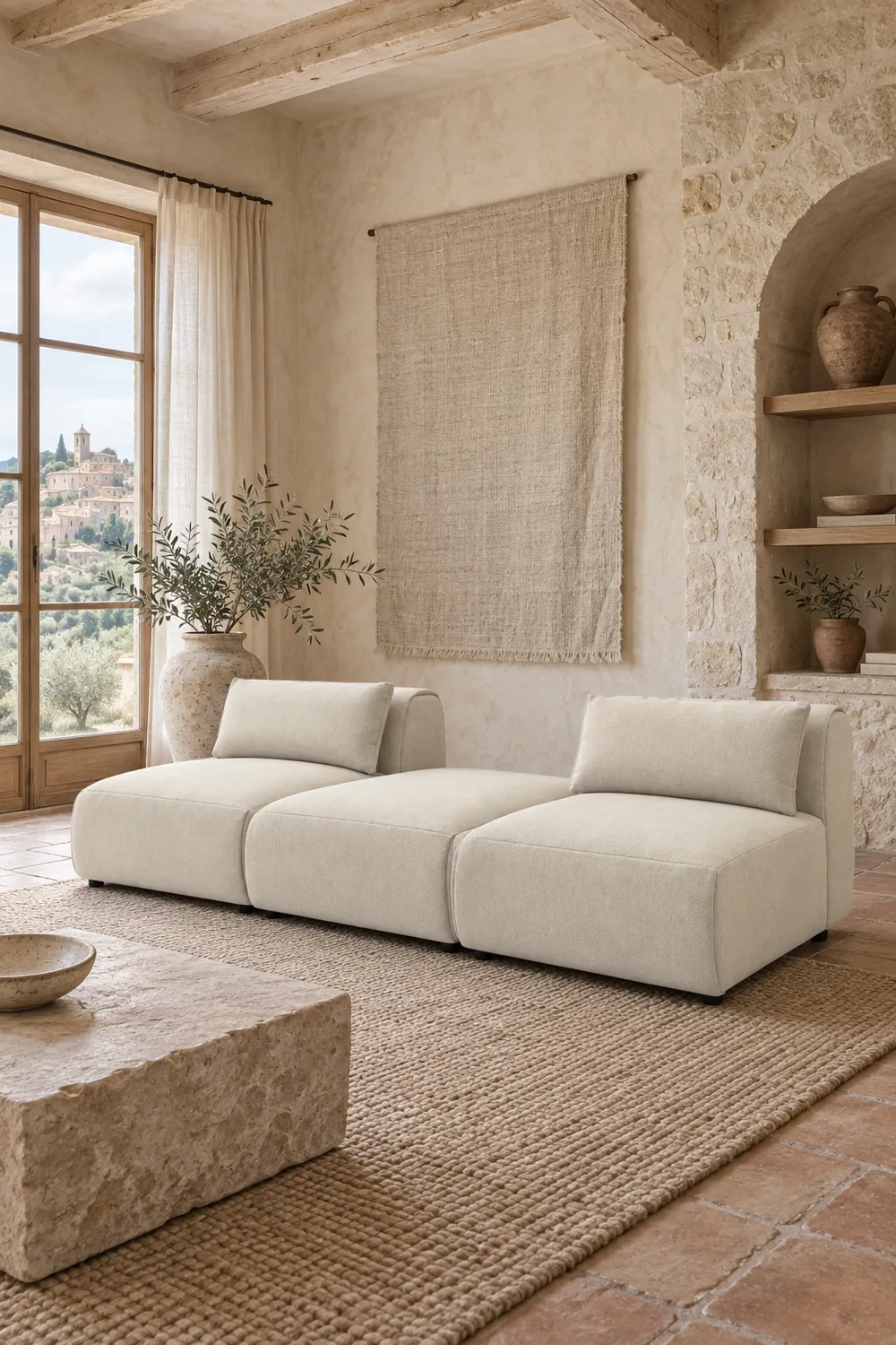 Vue d'ensemble du canapé Jeanne Bobochic 3 places en velours, coloris beige, style contemporain, dans un salon (mise en situation illustrée par IA)