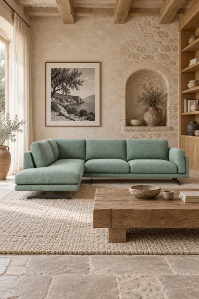 Vue d'ensemble du canapé Cesar La Redoute d'angle convertible en velours, coloris blanc, style contemporain, dans un salon (mise en situation illustrée par IA)
