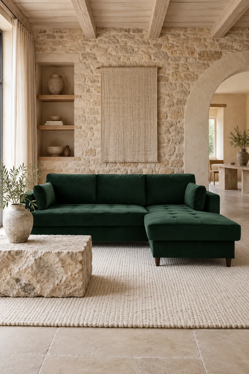 Mise en situation illustrée par IA à partir de la photo du coloris Vue d'ensemble du canapé Anna Maisons du Monde d'angle convertible en velours, coloris vert, style contemporain, dans un salon (mise en situation illustrée par IA)