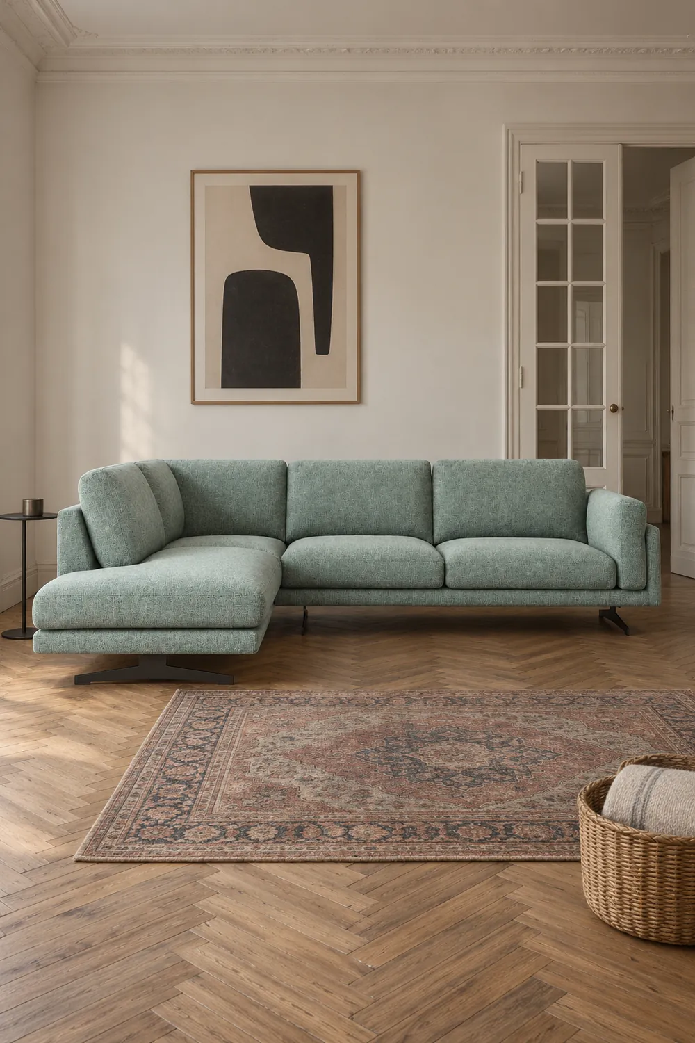 Mise en situation illustrée par IA à partir de la photo du coloris Vue d'ensemble du canapé Cesar La Redoute d'angle en tissu, coloris aquamarine, style contemporain, dans un appartement ancien à Paris (mise en situation illustrée par IA)