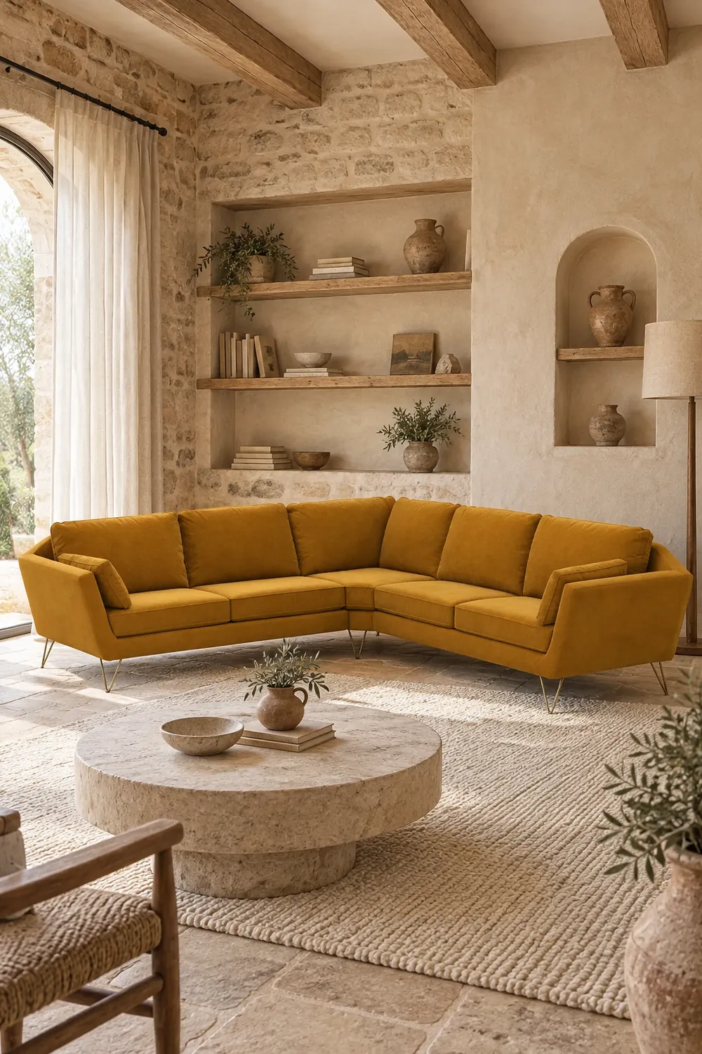 Vue d'ensemble du canapé Topim La Redoute d'angle en velours, coloris ocre, style contemporain, dans un salon (mise en situation illustrée par IA)