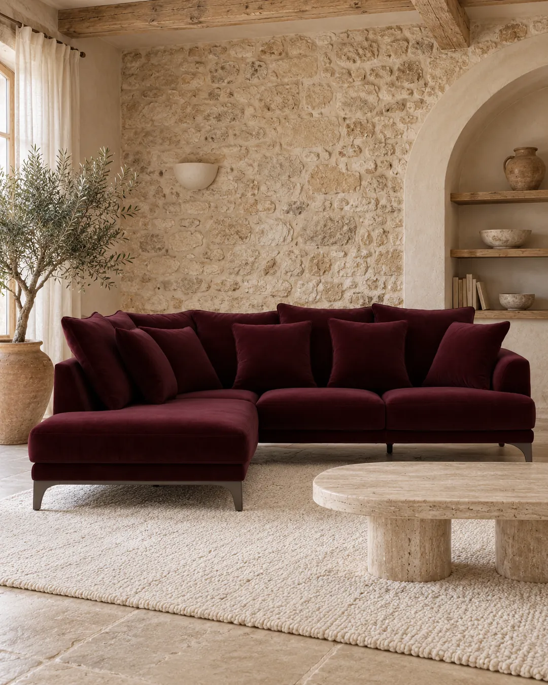 Plan rapproché du canapé Armento AM.PM d'angle en velours, coloris prune, style contemporain, dans un salon (mise en situation illustrée par IA)