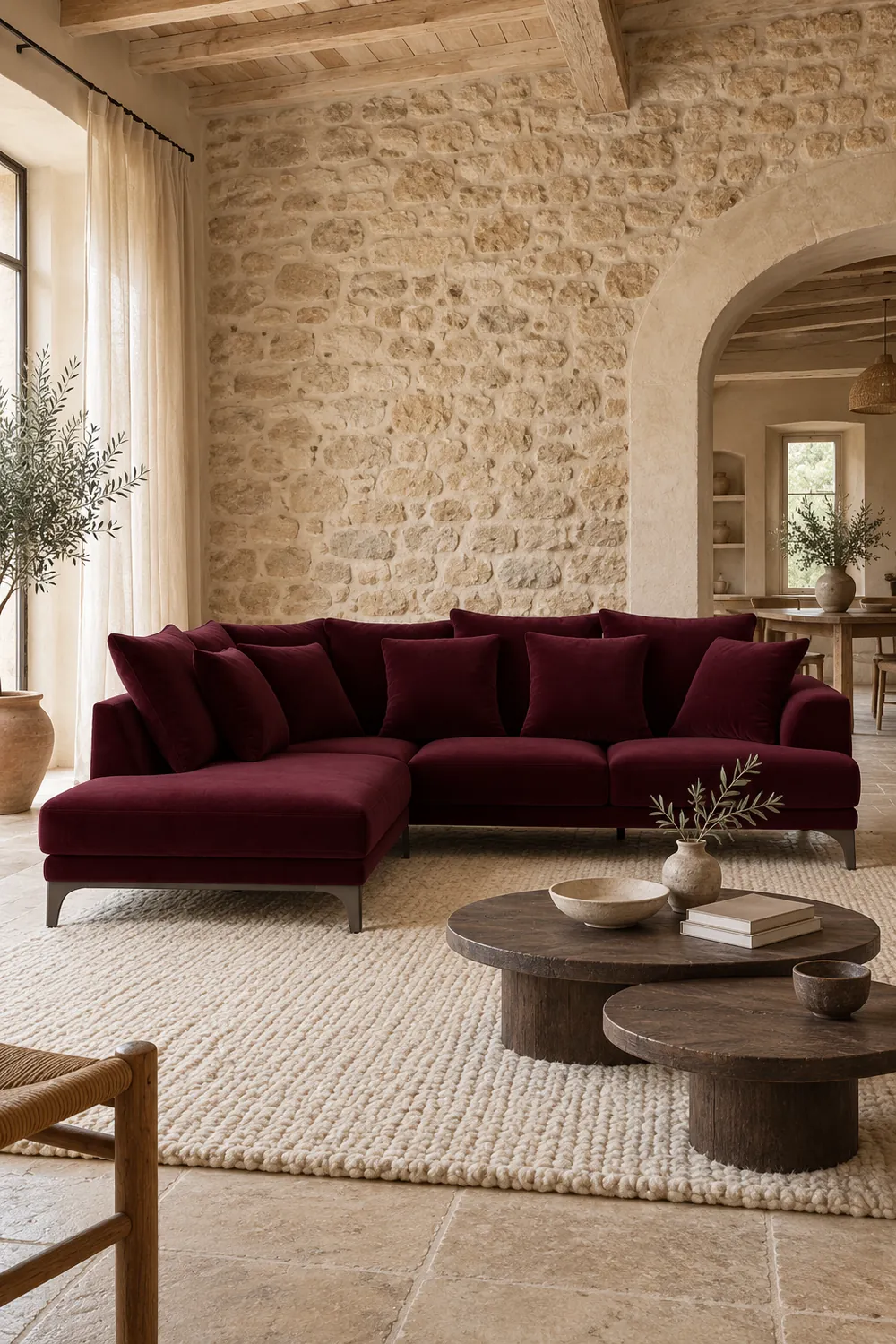 Vue d'ensemble du canapé Armento AM.PM d'angle en velours, coloris prune, style contemporain, dans un salon (mise en situation illustrée par IA)