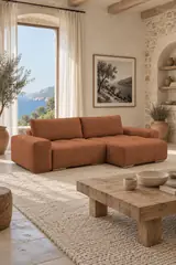 Vue d'ensemble du canapé Anakin Bobochic d'angle convertible en bouclette, coloris jaune, style contemporain, dans un salon (mise en situation illustrée par IA)