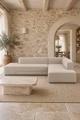 Vue d'ensemble du canapé Ginosa La Redoute d'angle convertible en velours, coloris lie de vin, style contemporain, dans un salon (mise en situation illustrée par IA)
