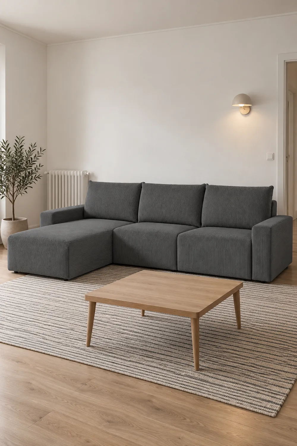 Mise en situation illustrée par IA à partir de la photo du coloris Vue d'ensemble du canapé Romane Maisons du Monde d'angle en velours, coloris gris, style contemporain, dans un petit salon d'appartement (mise en situation illustrée par IA)