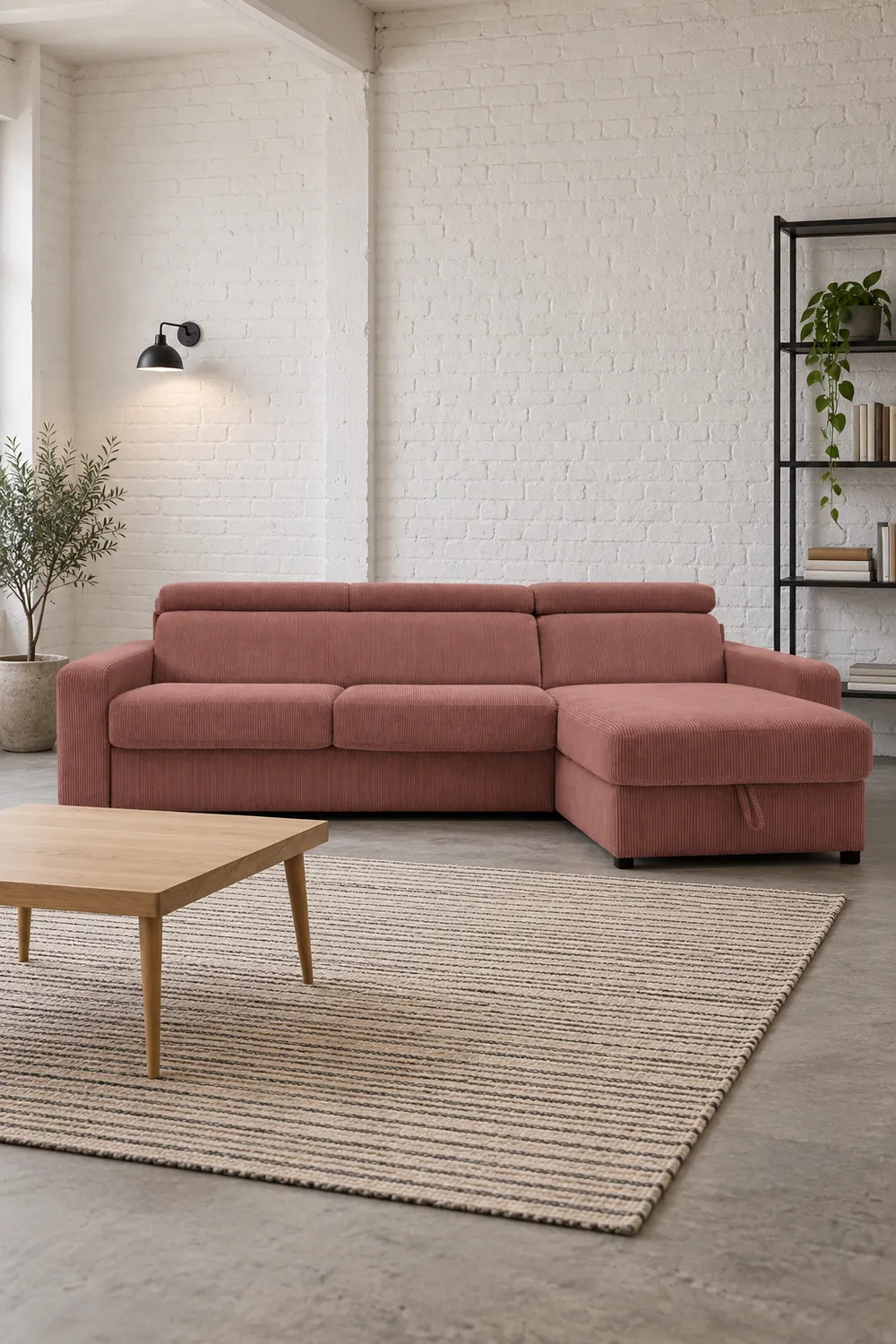 Mise en situation illustrée par IA à partir de la photo du coloris Vue d'ensemble du canapé Monaco Bobochic d'angle convertible en velours, coloris rose, style minimaliste, dans un ancien atelier transformé en logement (mise en situation illustrée par IA)