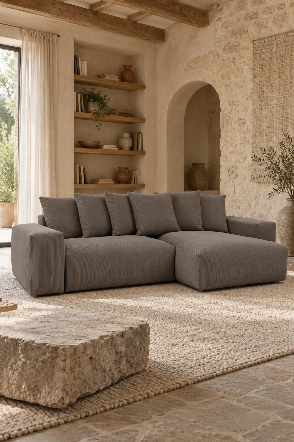 Vue d'ensemble du canapé Voltaire Bobochic d'angle convertible en velours, coloris taupe, style contemporain, dans un salon (mise en situation illustrée par IA)