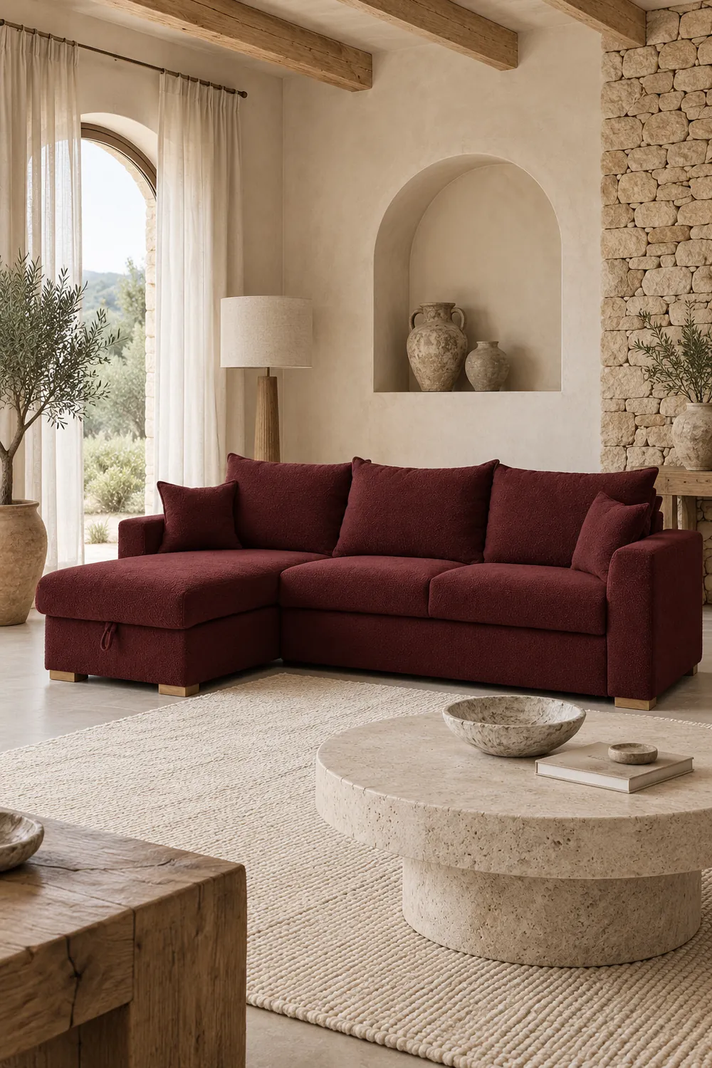 Vue d'ensemble du canapé Augustin Bobochic d'angle convertible en bouclette, coloris rouge, style minimaliste, dans un salon (mise en situation illustrée par IA)