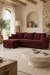 Vue d'ensemble du canapé Augustin Bobochic d'angle convertible en bouclette, coloris rouge, style minimaliste, dans un salon (mise en situation illustrée par IA)