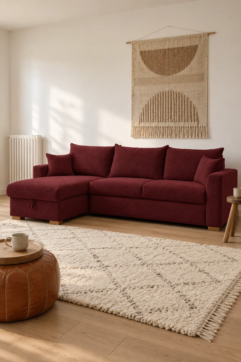 Vue d'ensemble du canapé Augustin Bobochic d'angle convertible en bouclette, coloris rouge, style minimaliste, dans un petit salon d'appartement (mise en situation illustrée par IA)