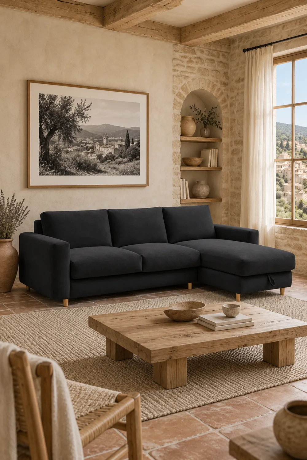 Vue d'ensemble du canapé Cocoone Bobochic d'angle convertible en tissu, coloris noir, style minimaliste, dans un salon (mise en situation illustrée par IA)