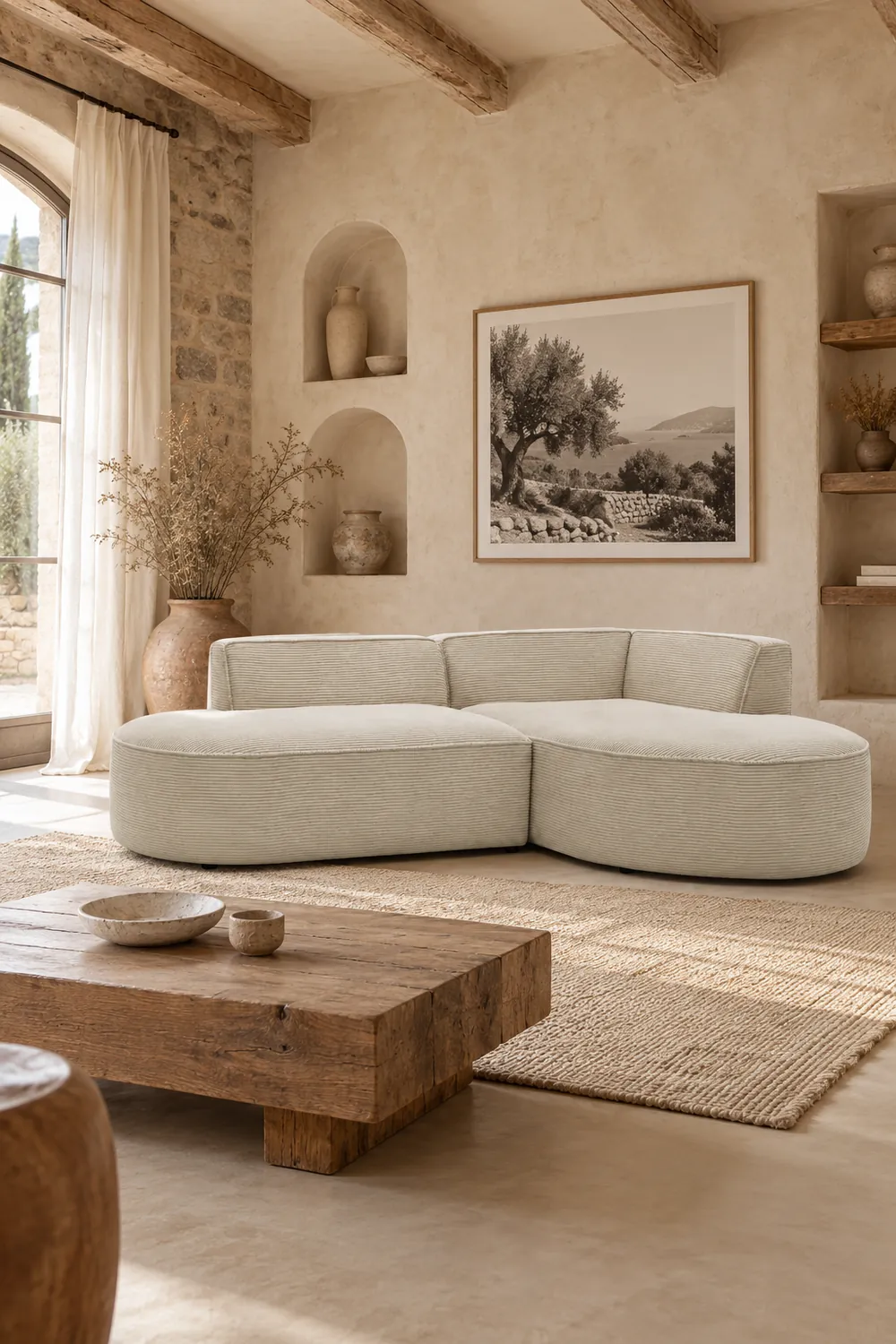 Vue d'ensemble du canapé Rousseau Bobochic d'angle en velours, coloris beige, style arrondi, dans un salon (mise en situation illustrée par IA)