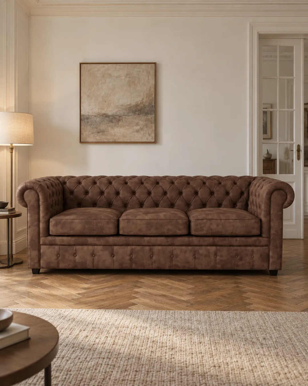 Plan rapproché du canapé Chesterfield Maisons du Monde 3 places convertible en tissu, coloris marron, style chesterfield, dans un appartement ancien à Paris (mise en situation illustrée par IA)