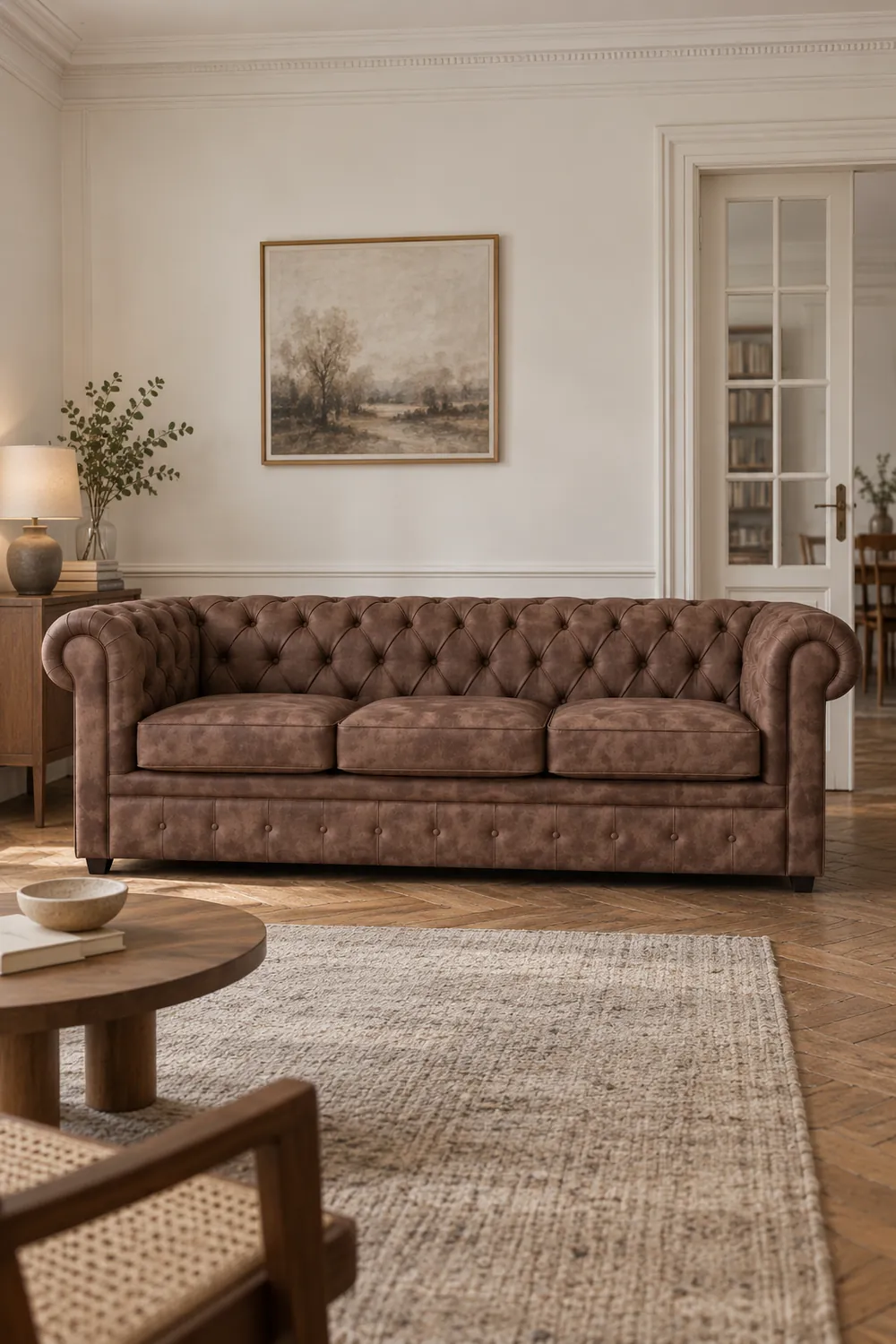 Vue d'ensemble du canapé Chesterfield Maisons du Monde 3 places convertible en tissu, coloris marron, style chesterfield, dans un appartement ancien à Paris (mise en situation illustrée par IA)