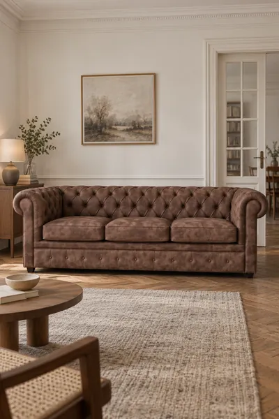 Vue d'ensemble du canapé Chesterfield Maisons du Monde 3 places convertible en tissu, coloris marron, style chesterfield, dans un appartement ancien à Paris (mise en situation illustrée par IA)