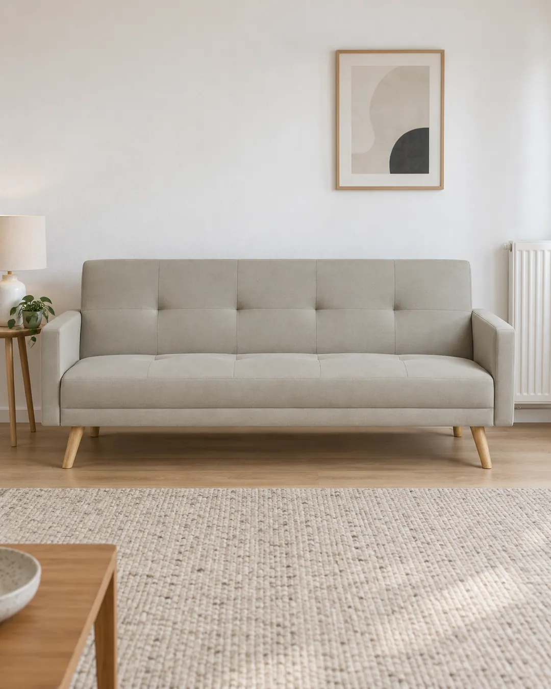Plan rapproché du canapé Wooden Maisons du Monde 3 places convertible en tissu, coloris beige, style scandinave, dans un petit salon d'appartement (mise en situation illustrée par IA)