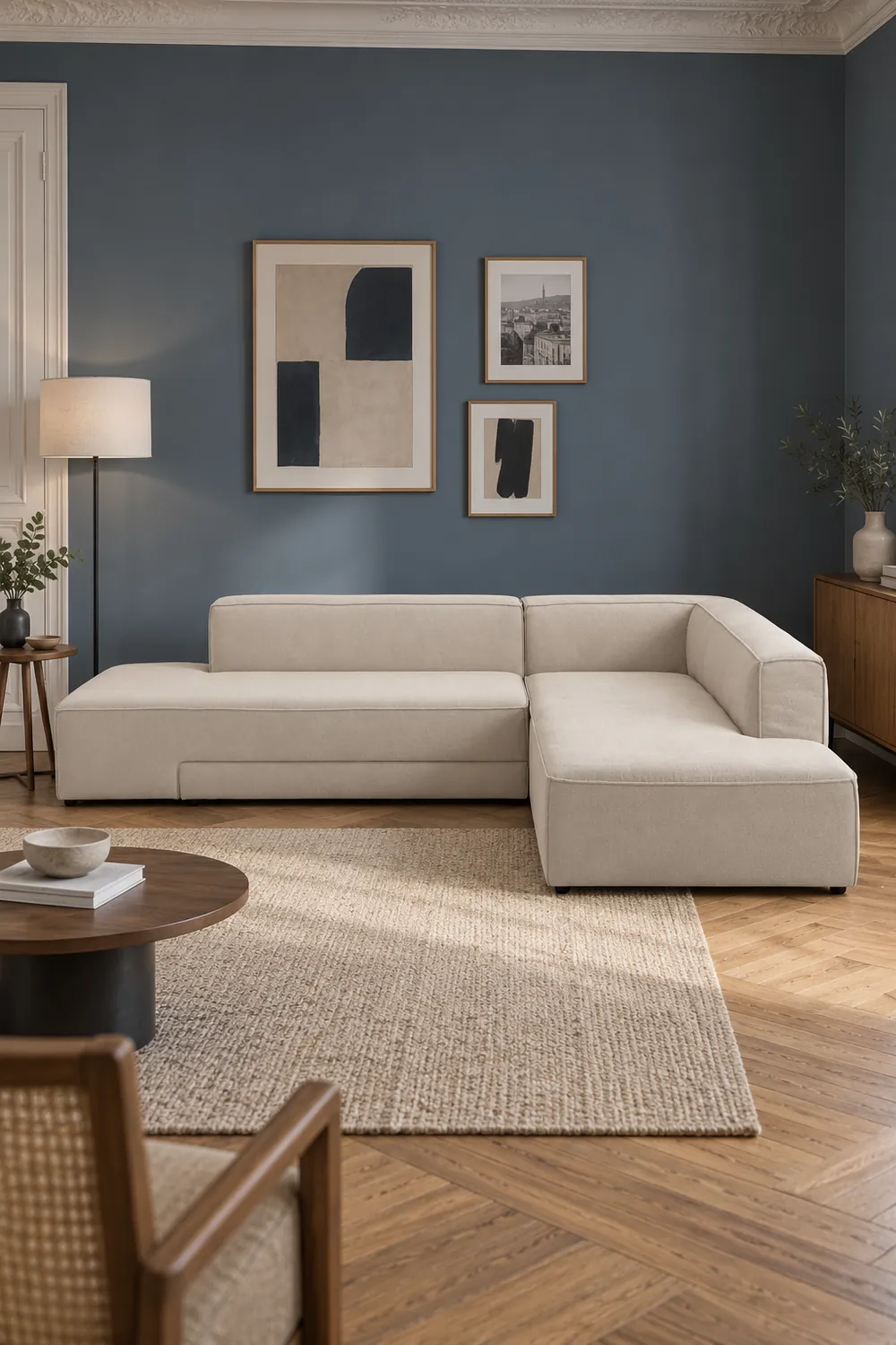 Vue d'ensemble du canapé Ginosa La Redoute d'angle convertible en tissu, coloris ivoire, style contemporain, dans un salon au mur bleu ardoise (mise en situation illustrée par IA)