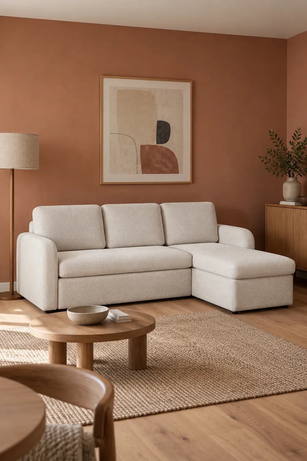 Vue d'ensemble du canapé Milano La Redoute d'angle convertible en bouclette, coloris ivoire, style contemporain, dans un séjour au mur terracotta (mise en situation illustrée par IA)