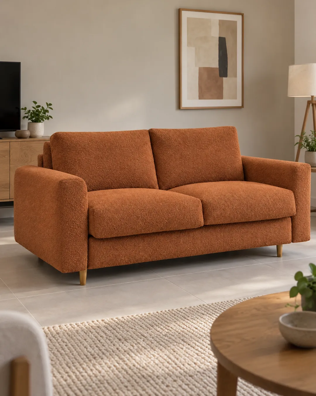 Plan rapproché du canapé Cocoone Bobochic 3 places convertible en bouclette, coloris orange, style minimaliste, dans un séjour familial aux murs greige (mise en situation illustrée par IA)