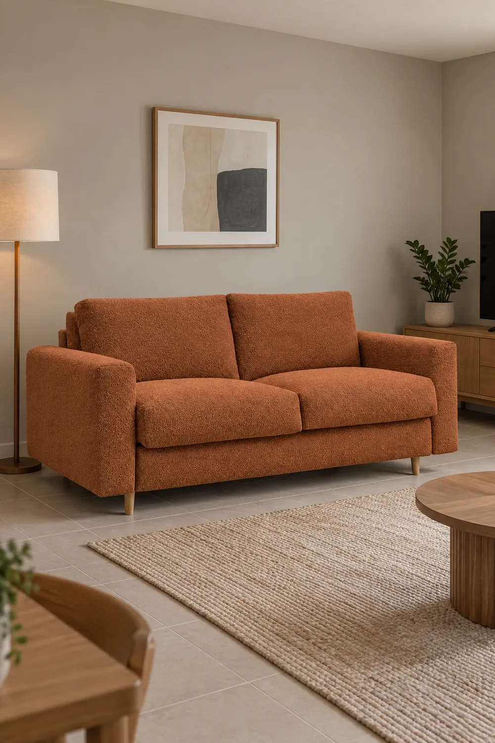 Vue d'ensemble du canapé Cocoone Bobochic 3 places convertible en bouclette, coloris orange, style minimaliste, dans un séjour familial aux murs greige (mise en situation illustrée par IA)
