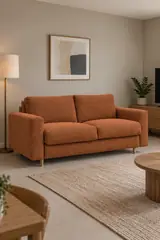 Vue d'ensemble du canapé Cocoone Bobochic 3 places convertible en bouclette, coloris orange, style minimaliste, dans un séjour familial aux murs greige (mise en situation illustrée par IA)