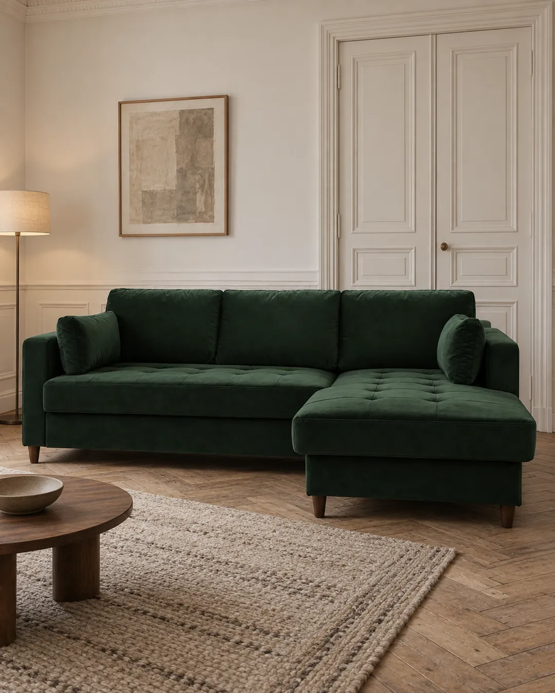 Plan rapproché du canapé Anna Maisons du Monde d'angle convertible en velours, coloris vert, style contemporain, dans un appartement ancien à Paris (mise en situation illustrée par IA)