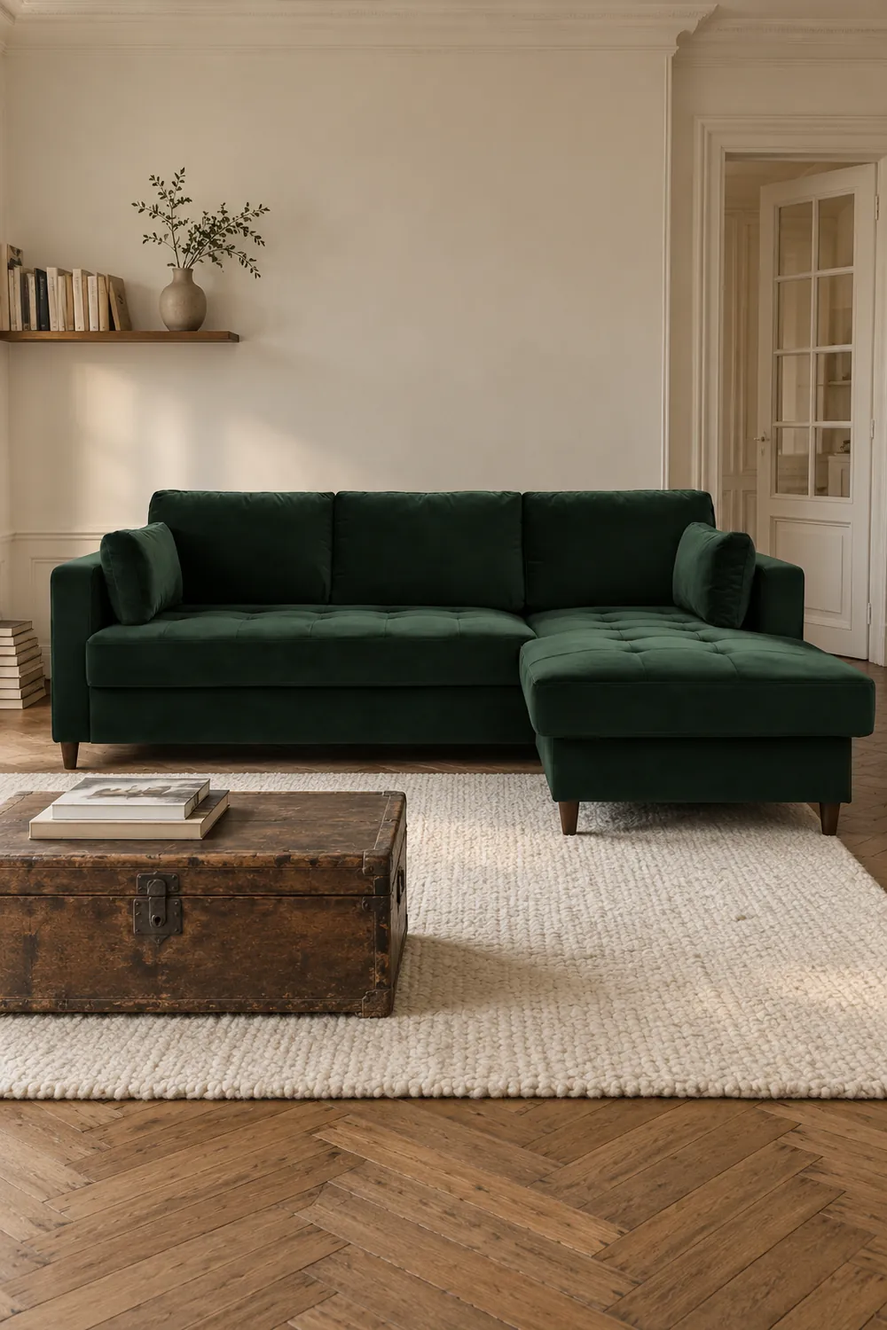 Vue d'ensemble du canapé Anna Maisons du Monde d'angle convertible en velours, coloris vert, style contemporain, dans un appartement ancien à Paris (mise en situation illustrée par IA)