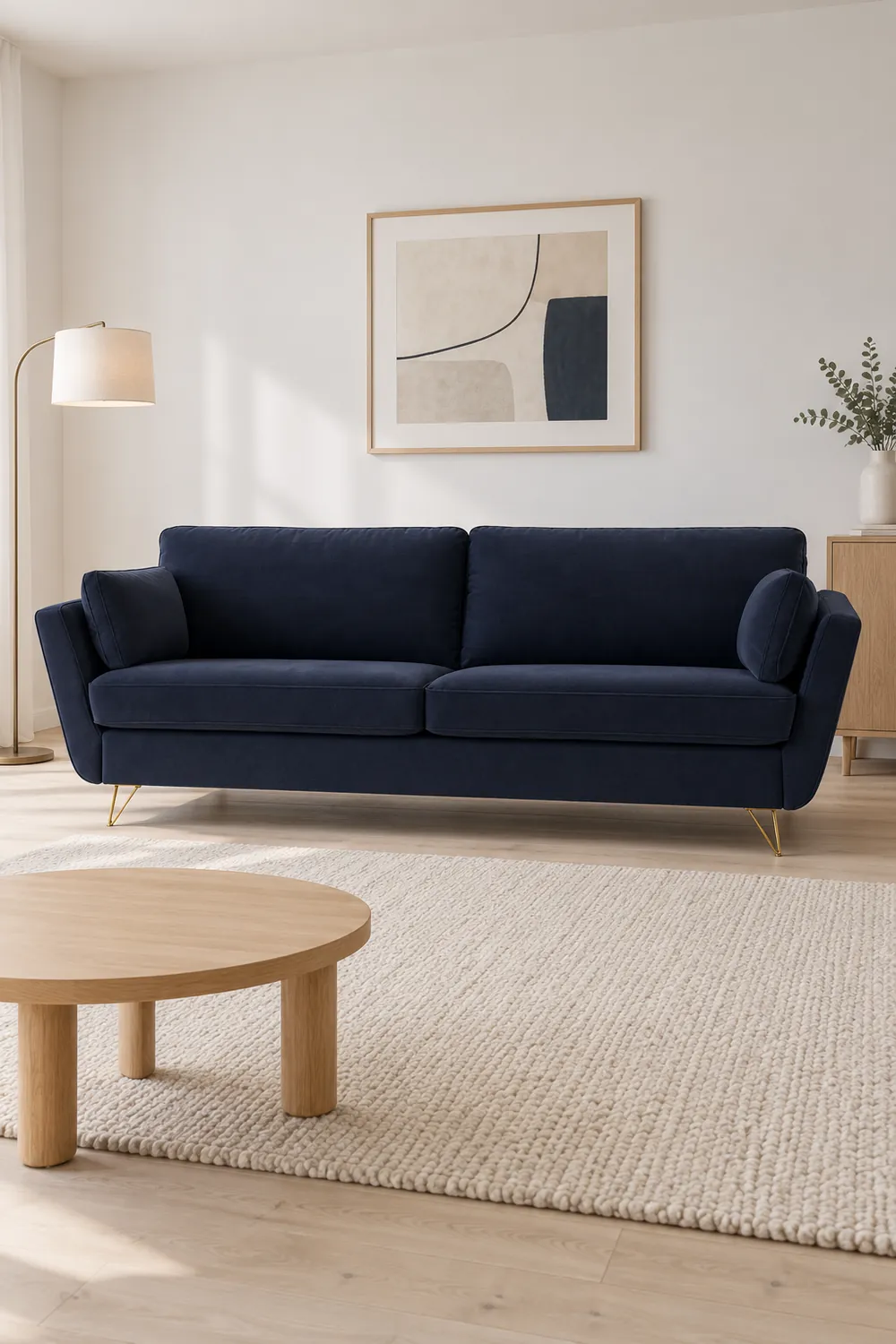 Vue d'ensemble du canapé Topim La Redoute 4 places convertible en velours, coloris bleu nuit, style contemporain, dans un salon clair de style nordique (mise en situation illustrée par IA)