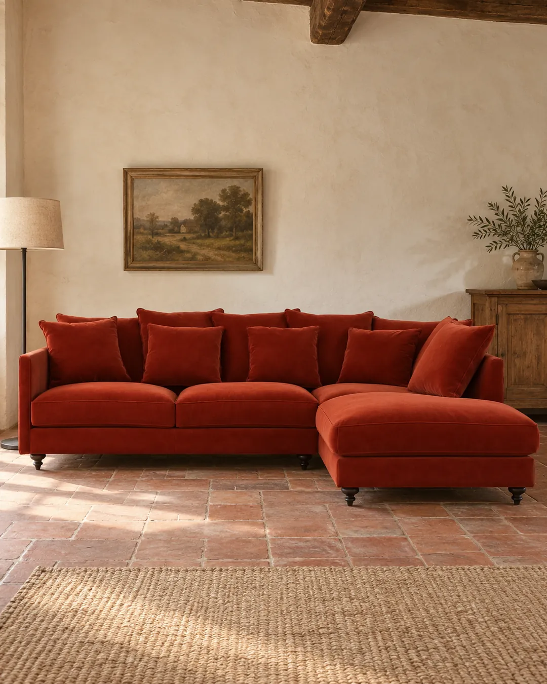 Plan rapproché du canapé Lazare La Redoute d'angle convertible en velours, coloris rouge cinabre, style classique, dans une maison de campagne (mise en situation illustrée par IA)