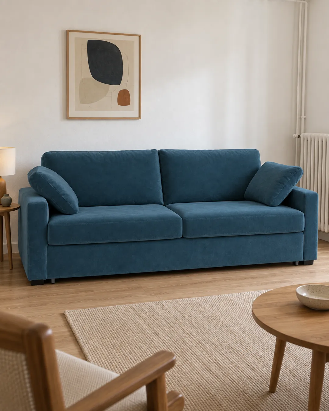 Plan rapproché du canapé Timor La Redoute 4 places convertible en velours, coloris bleu de prusse, style contemporain, dans un petit salon d'appartement (mise en situation illustrée par IA)