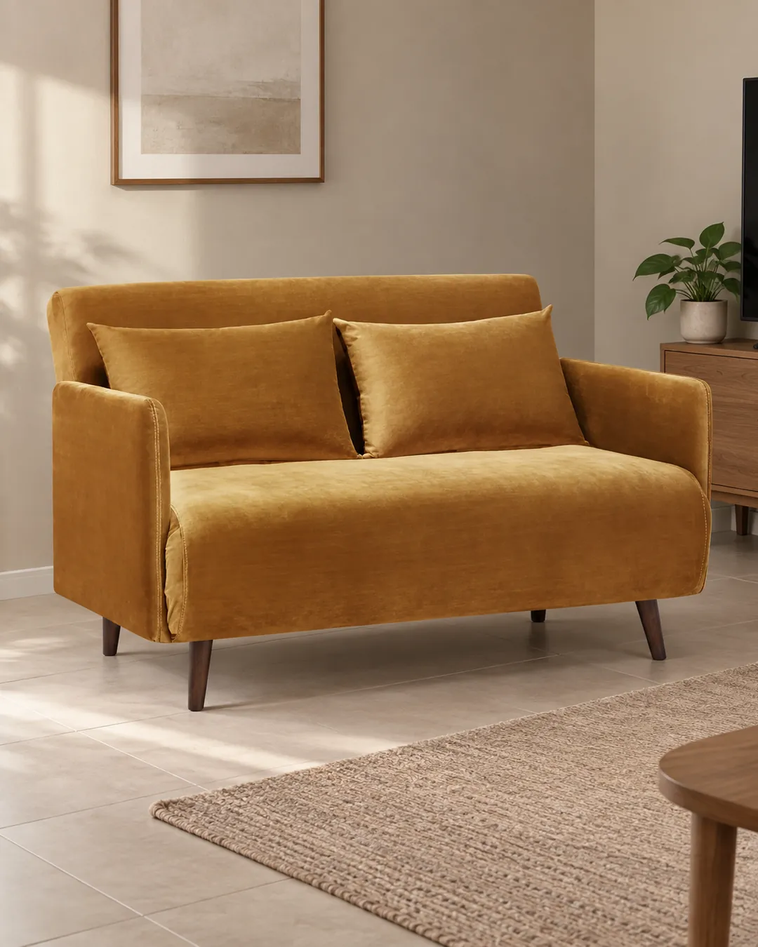 Plan rapproché du canapé Belushi Maisons du Monde 2 places convertible en velours, coloris jaune moutarde, style contemporain, dans un séjour familial aux murs greige (mise en situation illustrée par IA)