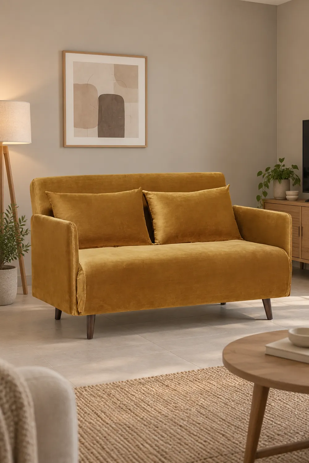 Vue d'ensemble du canapé Belushi Maisons du Monde 2 places convertible en velours, coloris jaune moutarde, style contemporain, dans un séjour familial aux murs greige (mise en situation illustrée par IA)