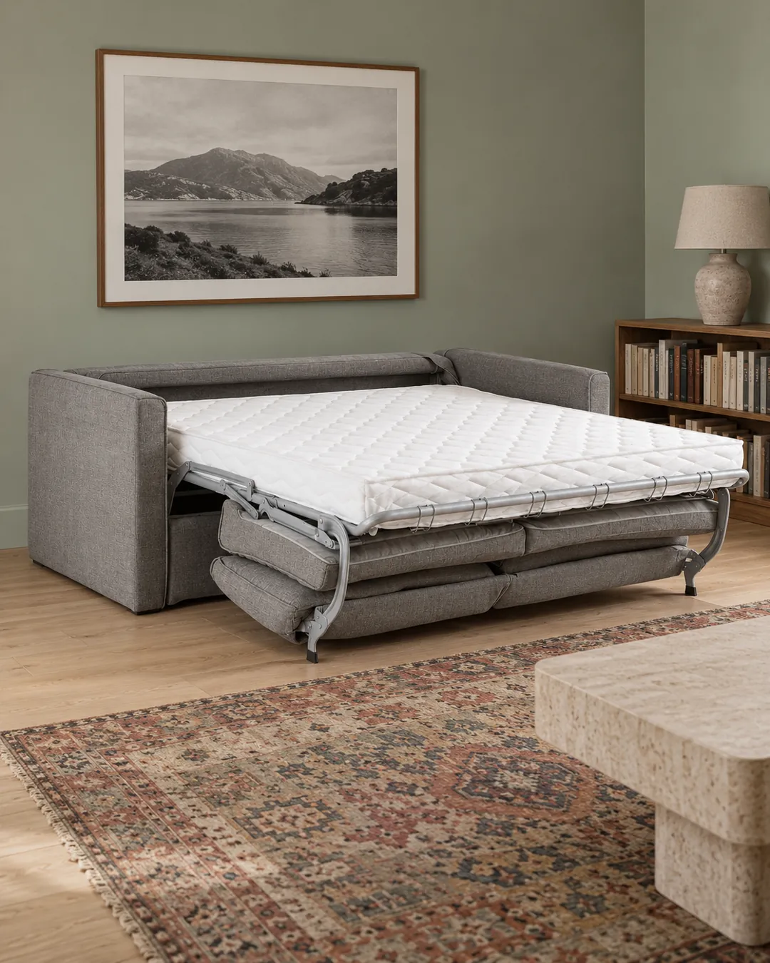 Plan rapproché du canapé Camille La Redoute 3 places convertible en tissu, coloris anthracite, style campagne chic, dans un salon au mur vert sauge (mise en situation illustrée par IA)