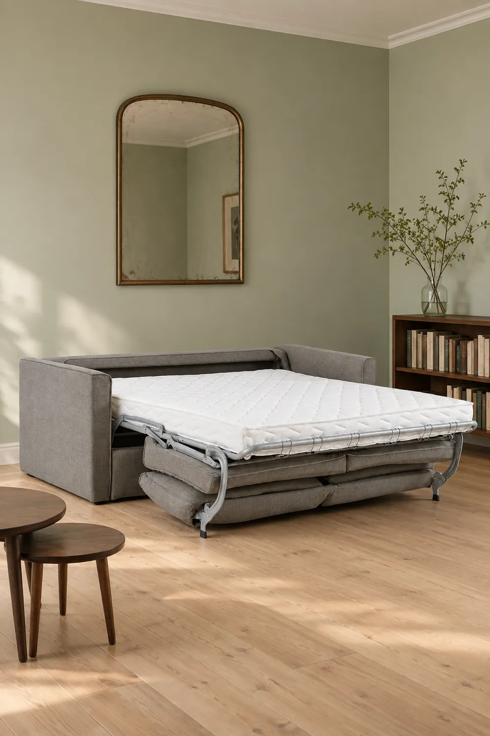 Vue d'ensemble du canapé Camille La Redoute 3 places convertible en tissu, coloris anthracite, style campagne chic, dans un salon au mur vert sauge (mise en situation illustrée par IA)