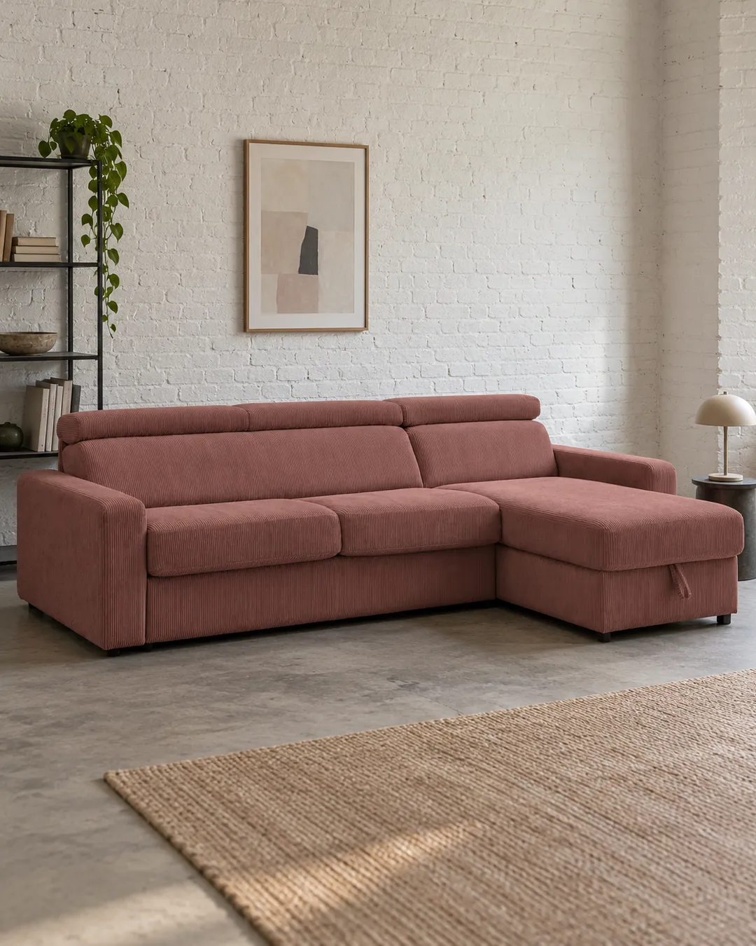 Plan rapproché du canapé Monaco Bobochic d'angle convertible en velours, coloris rose, style minimaliste, dans un ancien atelier transformé en logement (mise en situation illustrée par IA)