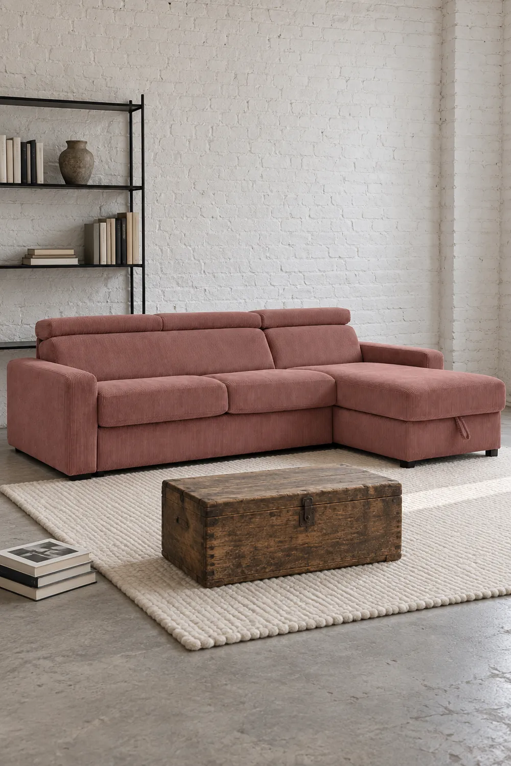 Vue d'ensemble du canapé Monaco Bobochic d'angle convertible en velours, coloris rose, style minimaliste, dans un ancien atelier transformé en logement (mise en situation illustrée par IA)