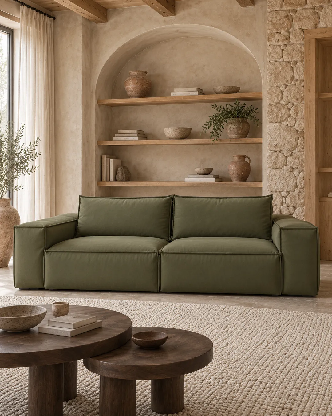 Plan rapproché du canapé Boheme Bobochic 3 places en cuir, coloris vert, style contemporain, dans un salon (mise en situation illustrée par IA)