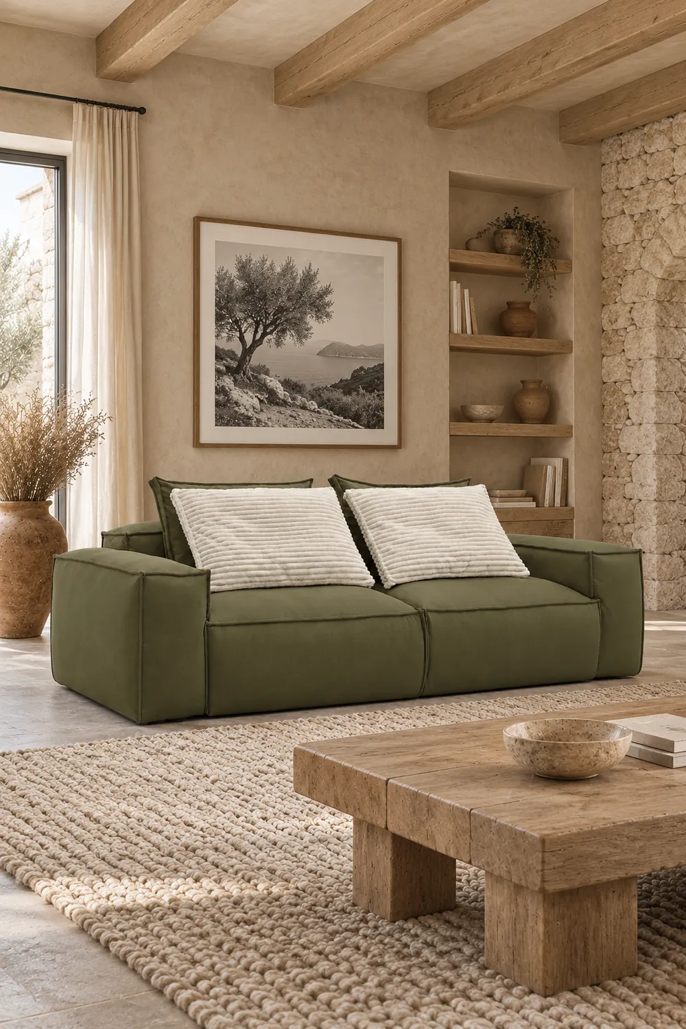 Vue d'ensemble du canapé Boheme Bobochic 3 places en cuir, coloris vert, style contemporain, dans un salon (mise en situation illustrée par IA)