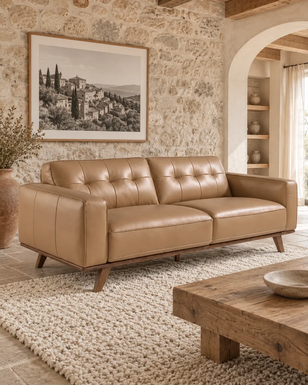 Plan rapproché du canapé chester Maisons du Monde 3 places en cuir, coloris sable et pied noyer, style chesterfield, dans un salon (mise en situation illustrée par IA)