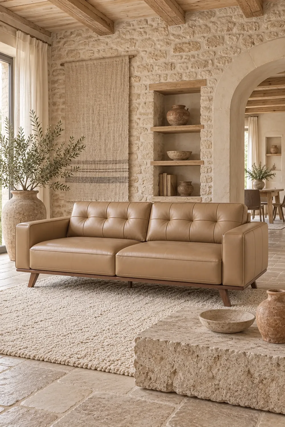 Mise en situation illustrée par IA à partir de la photo du coloris Vue d'ensemble du canapé chester Maisons du Monde 3 places en cuir, coloris sable et pied noyer, style chesterfield, dans un salon au mur de pierre apparente et à l'arche maçonnée à la chaux (mise en situation illustrée par IA)